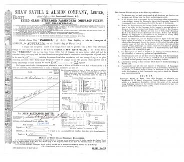 Grannie’s Shipping Ticket from London to Sydney Australia – 1912, Shaw Savill & Albion Company